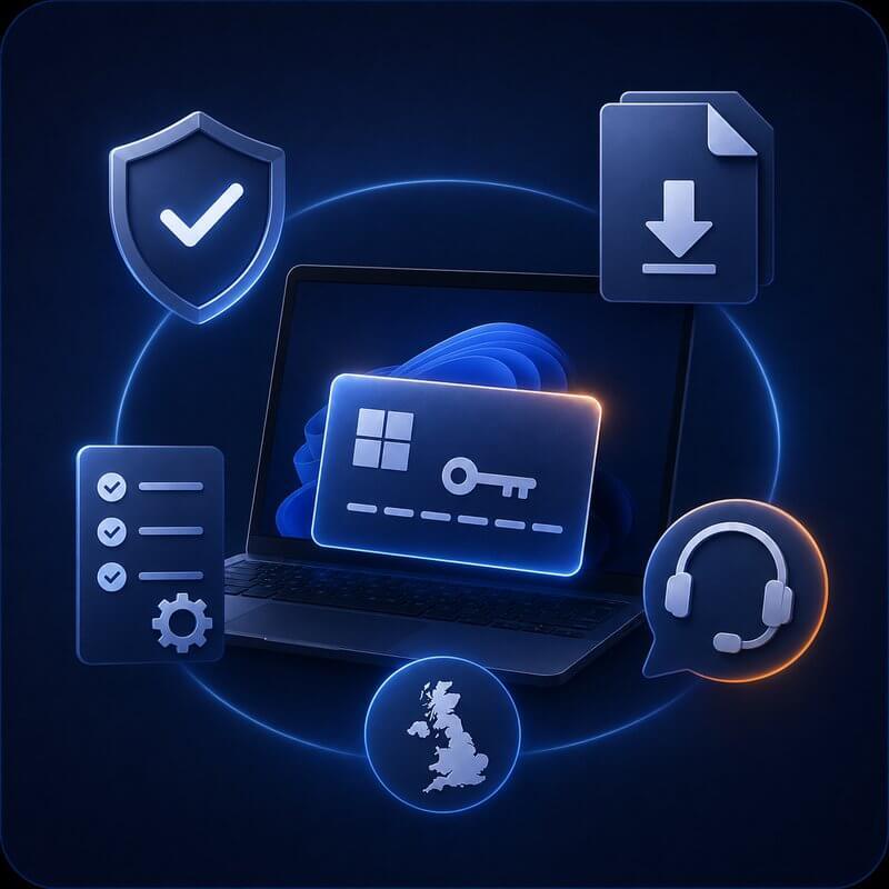 Illustration of a Microsoft software licence key with secure download and UK support