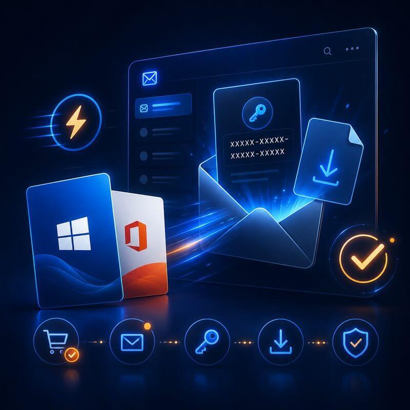 Microsoft software product key delivered digitally by email with download and activation guidance