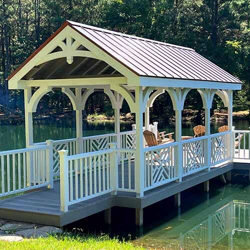 Dock and pavilion supported with wood knee braces