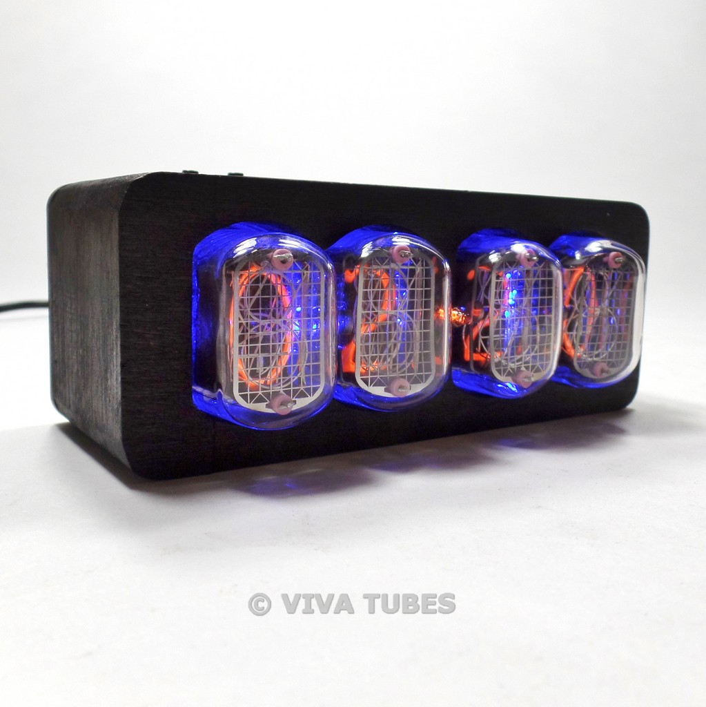 4 Digit Nixie Vacuum Tube Clock IN12 Black Wooden Enclosure VIVA TUBES