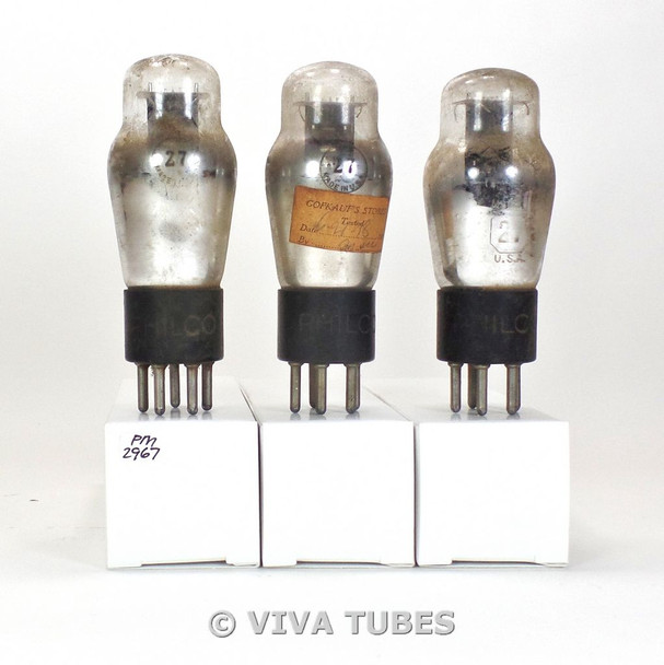 Date Matched Trio (3) Philco USA Type 27 Black Plate ENGRAVED Vacuum Tubes 85%