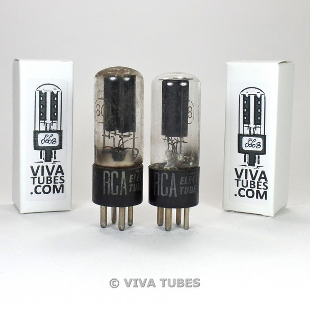 Tests NOS Matched Pair RCA Type 80 Rectfier Black Plate Tubular Vacuum Tubes
