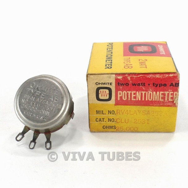 NOS NIB Vintage Ohmite CLU-2531 Type AB Potentiometer 2W 25K ohm