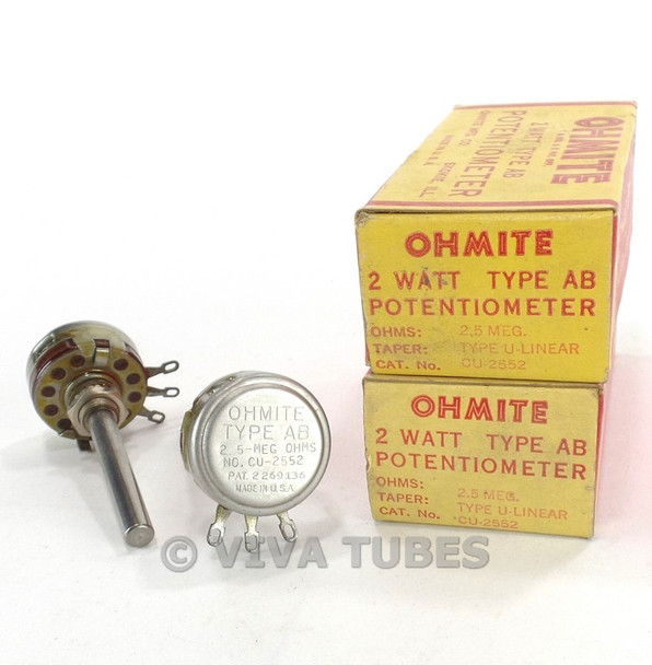 NOS NIB Vintage Lot of 2 Ohmite CU-2552 Type AB Potentiometers 2W 2.5 MEG ohm