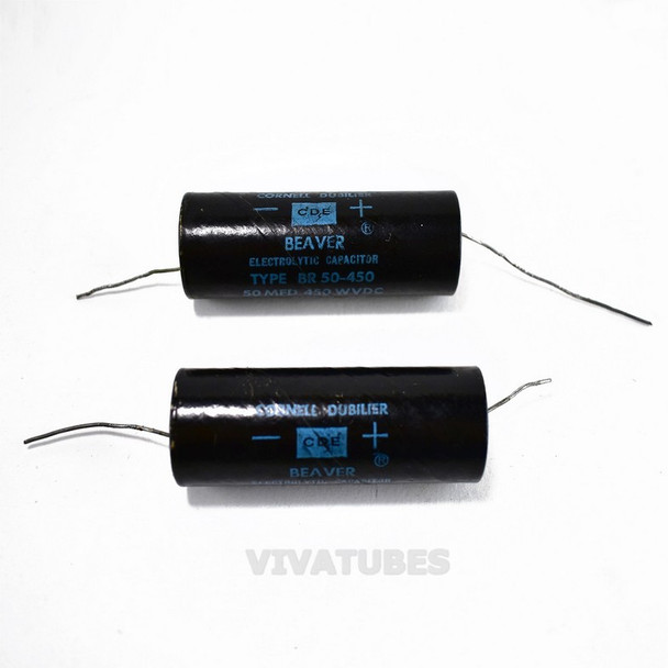 Vintage Lot of 2 Cornell Axial Electrolytic Capacitors 50uF @ 450V.
