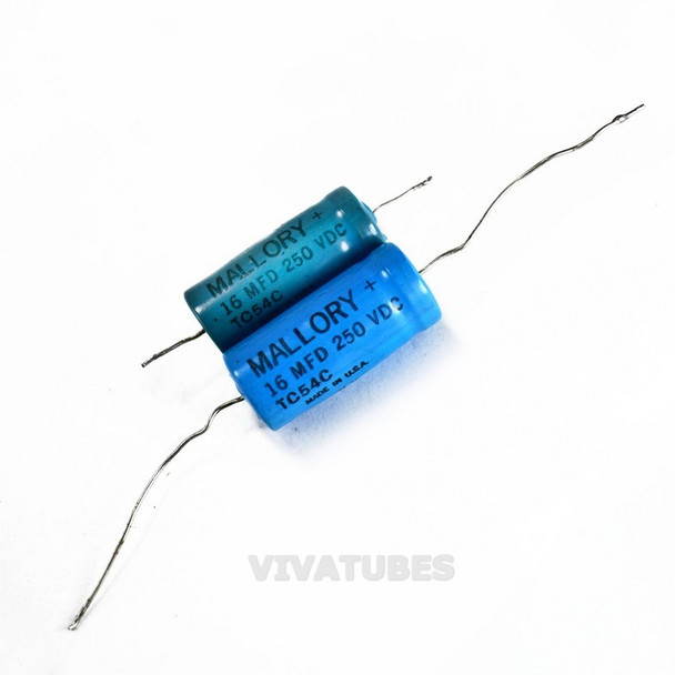 Lot of 2 Vintage Mallory Axial Electrolytic Capacitors 16uF 250V