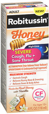 Robitussin Maximum Strength Severe Cough, Flu and Severe Throat Relief CF Nighttime Max Honey with Vanilla - 4 oz