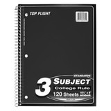 Top Flight Standards 3-Subject Wirebound Notebook, 120 Sheets, 3-Hole Punched, College Rule, 10.5 x 8 Inches, 1 Notebook, Color May Vary (31804)