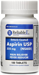 Reliable 1 Aspirin USP 325 mg (NSAID) 100 Enteric Coated Tablets (1 Bottle)