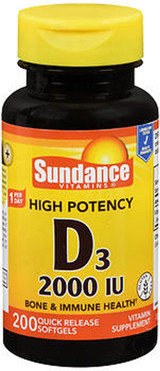 Sundance Vitamins High Potency D3 2000 IU Vitamin Supplement Quick Release Softgels - 200 ct