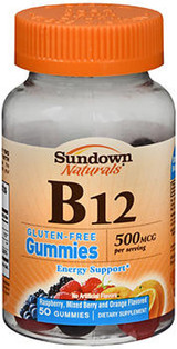 Sundown Naturals B12 500 mcg Dietary Supplement Gummies, Assorted Fruit - 50 ct