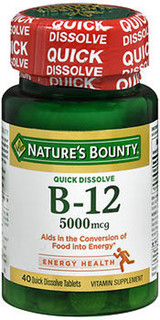 Nature's Bounty B-12 5000 mcg Supplement Quick Dissolve Natural Cherry Flavor - 40 Tablets