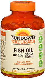 Sundown Naturals Fish Oil 1000 mg Softgels Omega 3 - 200 ct
