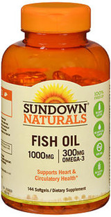 Sundown Naturals Fish Oil 1000 mg Softgels Omega 3 - 144 ct