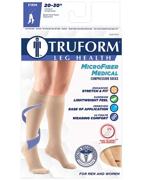 Truform 20-30 mmHg Compression MicroFiber Stockings for Men and Women, Knee High Length, Closed Toe, Beige - Large