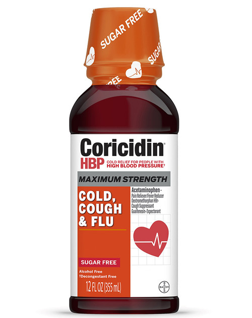 Coricidin HBP Cold, Cough & Flu Liquid Maximum Strength Cherry Flavor - 12 oz
