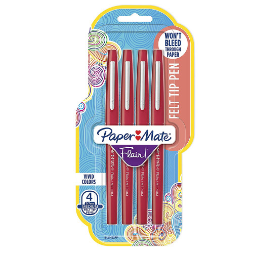 Paper Mate Flair Felt Tip Pens, Medium Point (0.7mm), Red - 4 Count