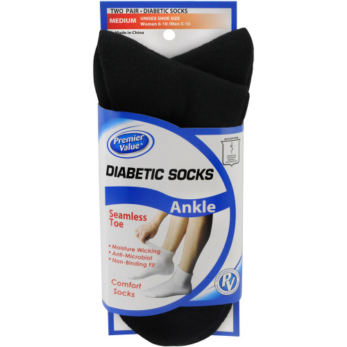 Premier Value Seamless Toe Diabetic Ankle Socks- Black Md - 2pk