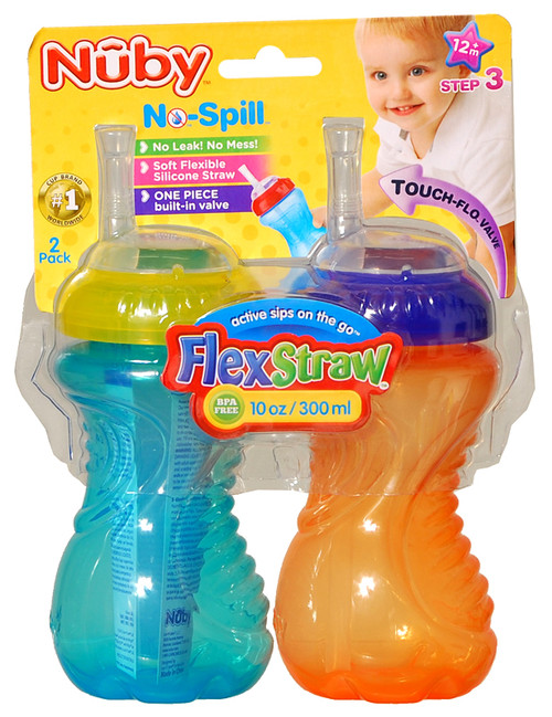 Nuby No-Spill Sippy Cup With Flexi Straw 2 pk - 10 oz, Asst