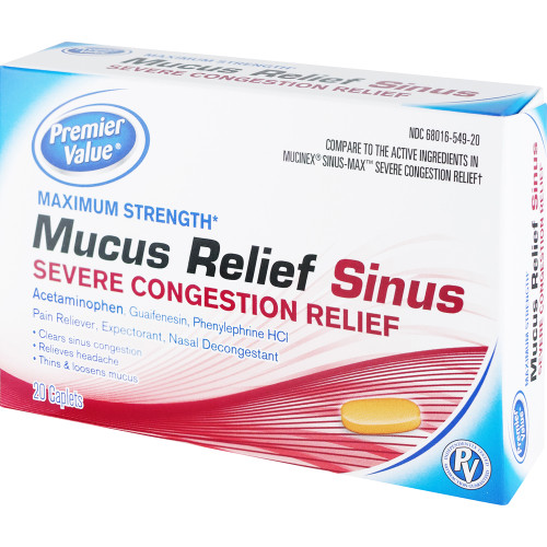 Premier Value Mucus Relief Sinus - Severe Congestion Relief Caplets - 20ct