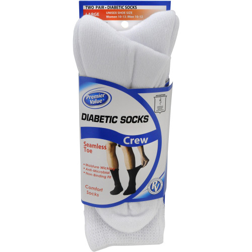 Premier Value Seamless Toe Diabetic Crew  Socks- White Lg - 2pk