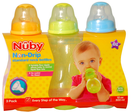 Nuby Bottles With Non-Drip Nipples 3 pk - 10 oz, Asst