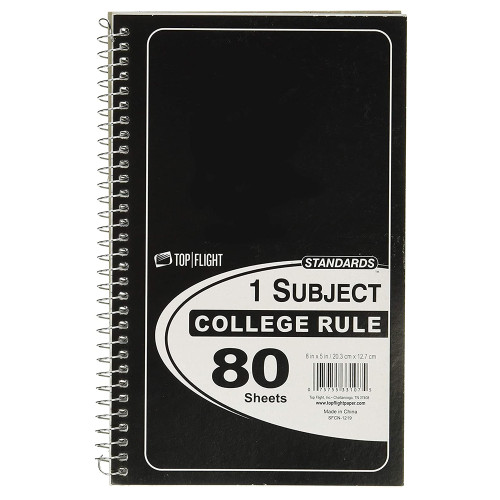 Top Flight Standards 1-Subject Wirebound Notebook, No Holes, 80 Sheets, College Rule, 8 x 5 Inches, 1 Notebook, Color May Vary (33107)