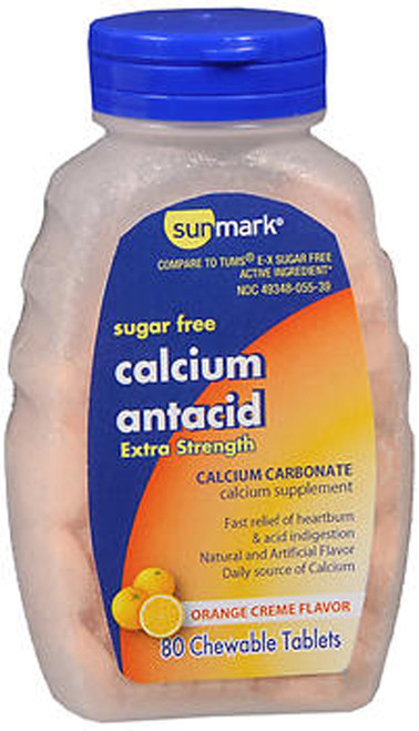 Sunmark Sugar Free Calcium Antacid, Extra Strength, Chewable Tablets, Orange Creme Flavor - 80 Tablets