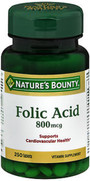 Nature's Bounty Folic Acid 800 mcg Vitamin Supplement Maximum Strength - 250 Tablets