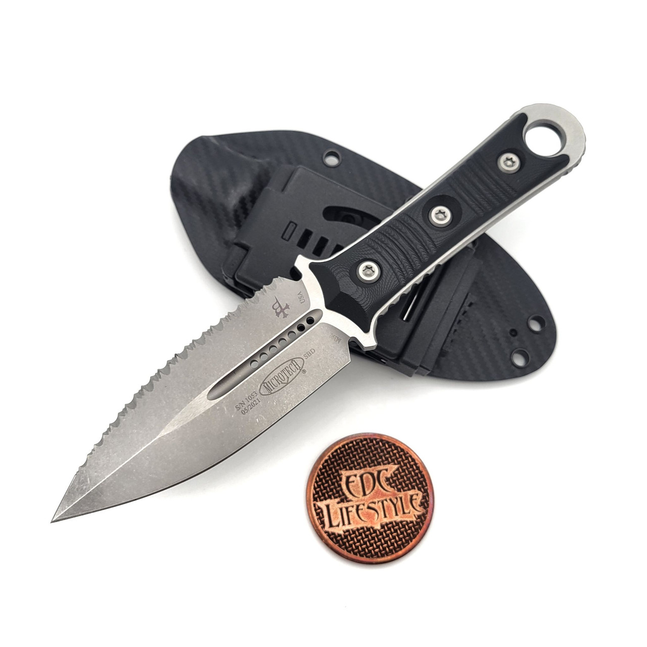 Microtech/Borka Blades 20112 SBD Fixed Blade Stonewash Double Edge Dagger Full Serrated Blade