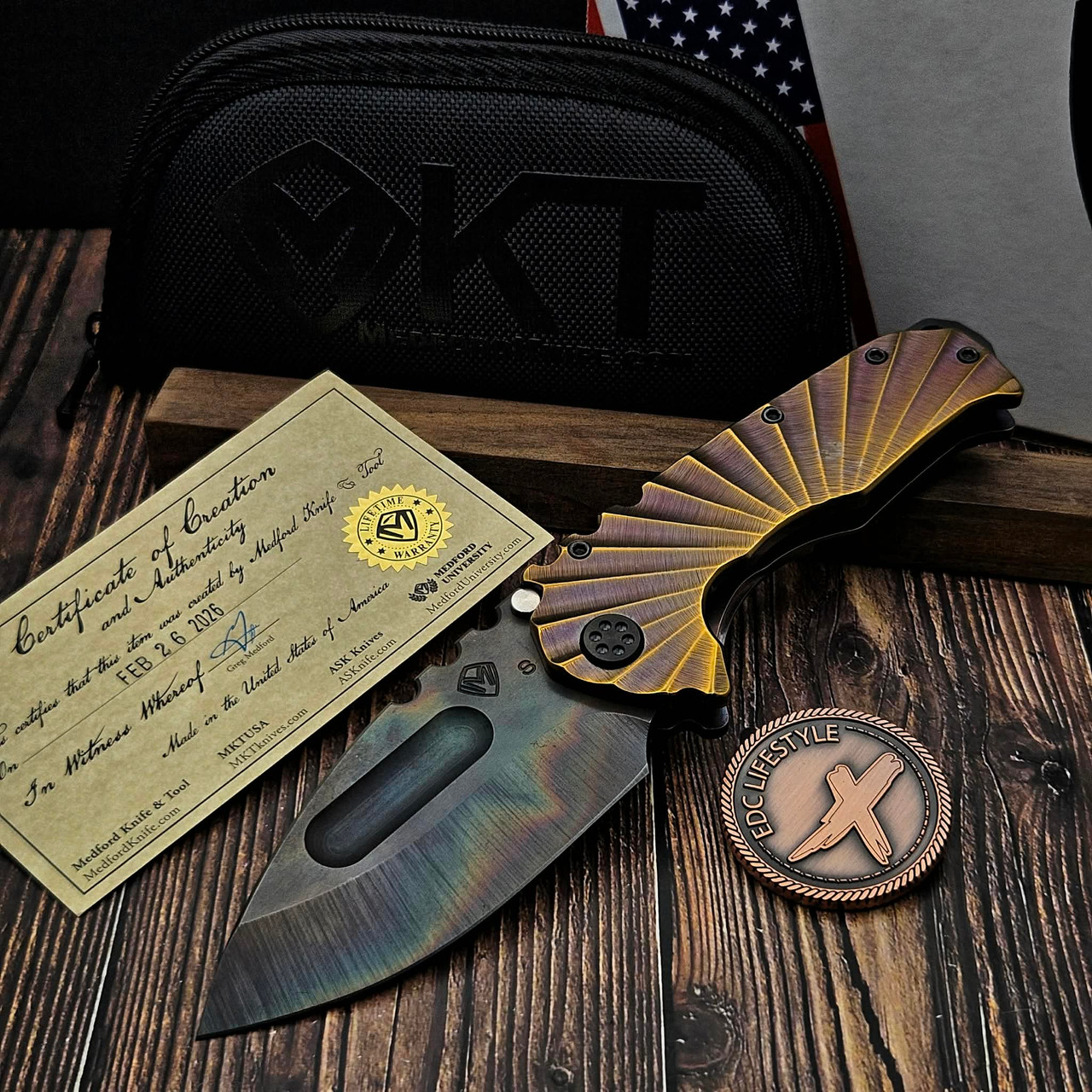 Medford Praetorian Ti CuRose/Brz Rising Sun Handle/Spring Vulcan