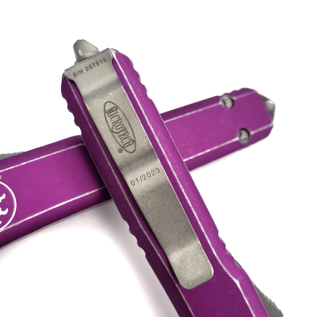 Microtech Ultratech 122-D12DVI Distressed Violet Double Full Serrated ...