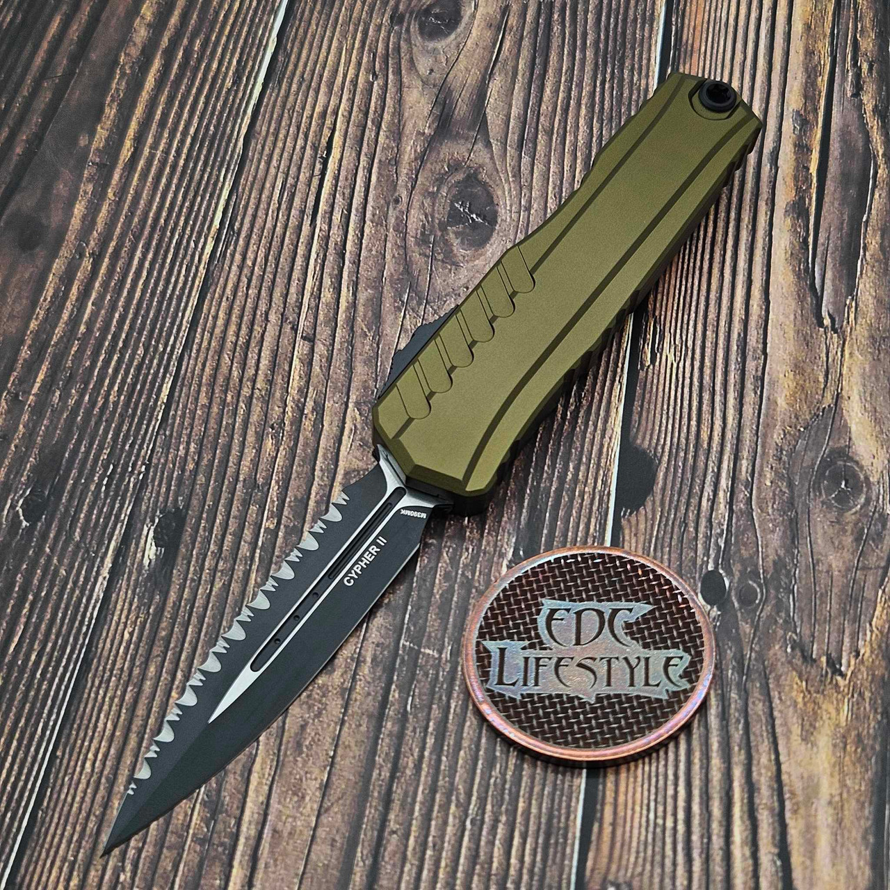 Microtech Cypher II D/E 1242-3OD OD Green Full Serrated Black Standard