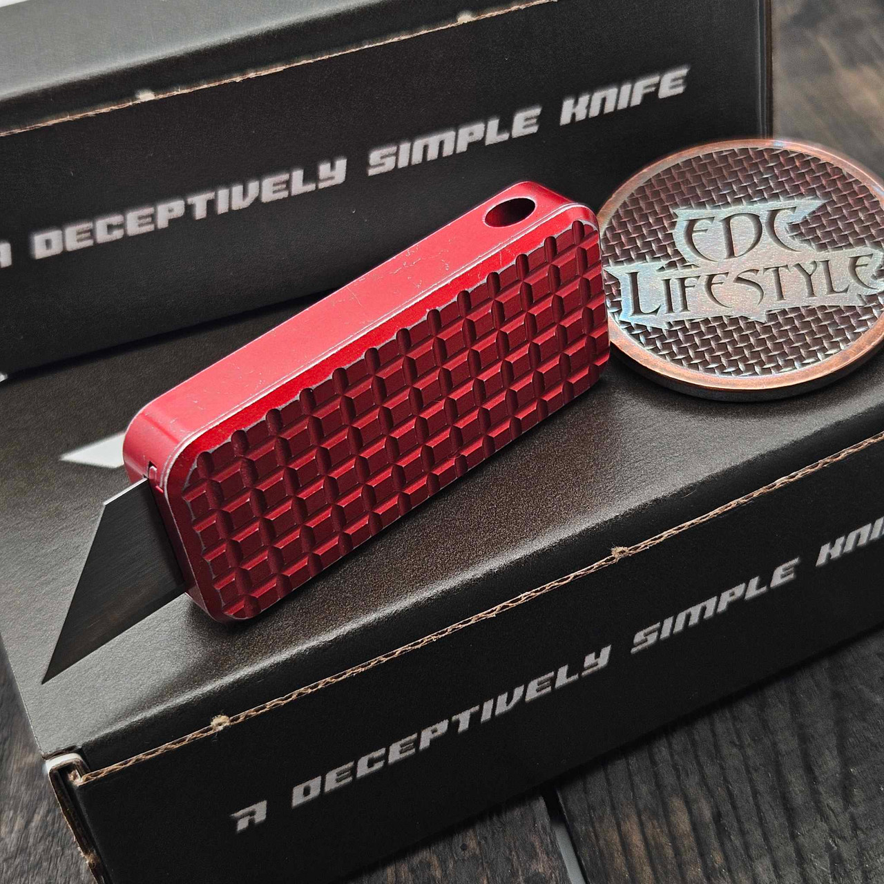Small Razorblade Goatee Red Rivery Zero Grenade Worn Red Aluminum Razor Blade OTF w/Lanyard Hole