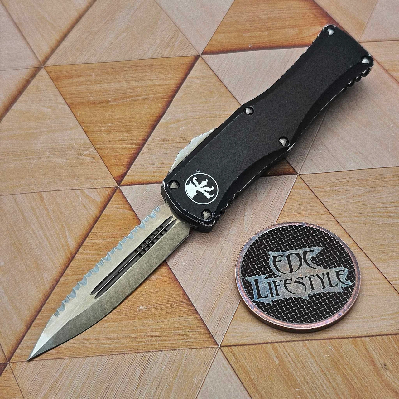 Microtech 702-15 Black Hera Double Edge Full Serrated Bronze Standard ...