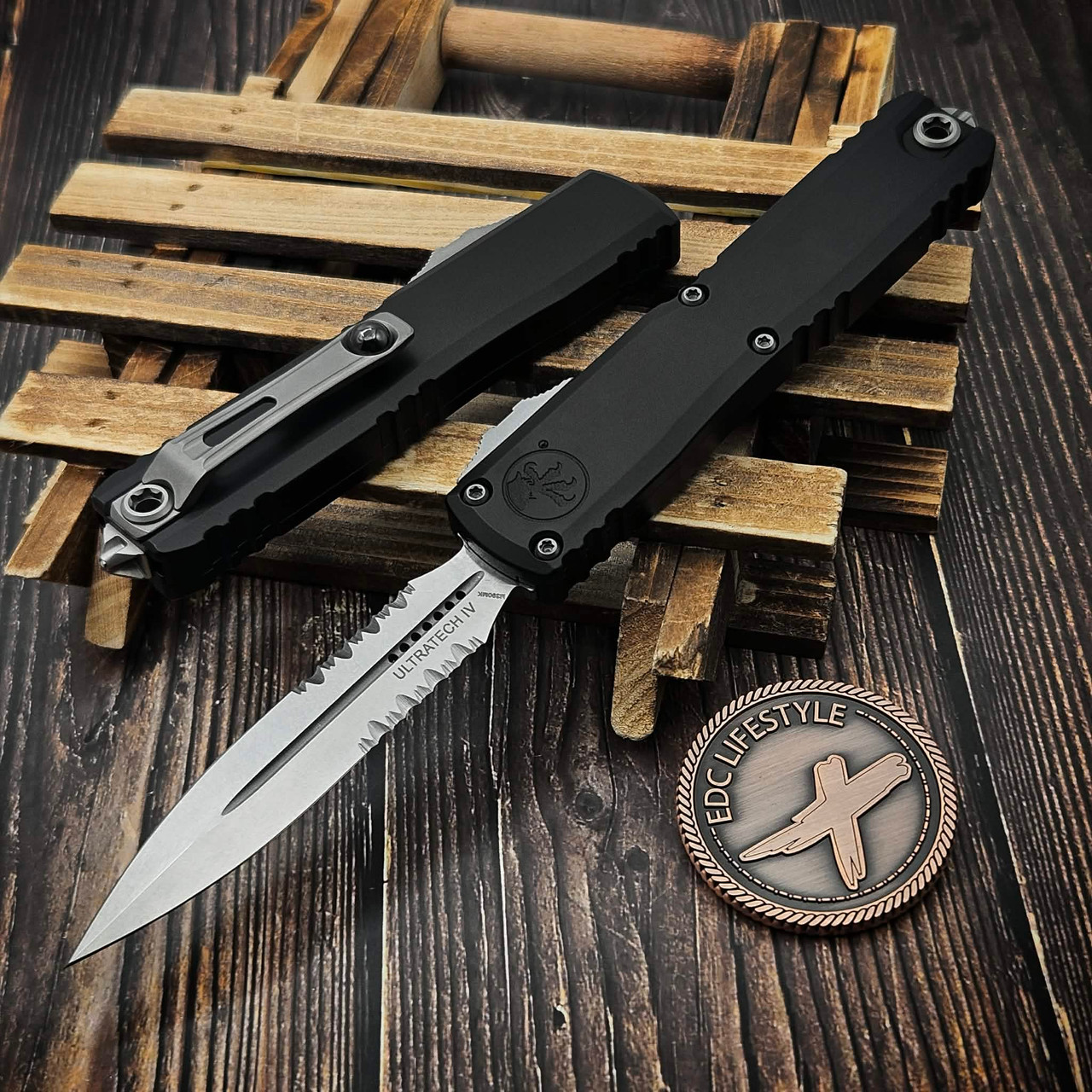 Microtech Ultratech Gen IV Black D/E Partial Serrated 3.55