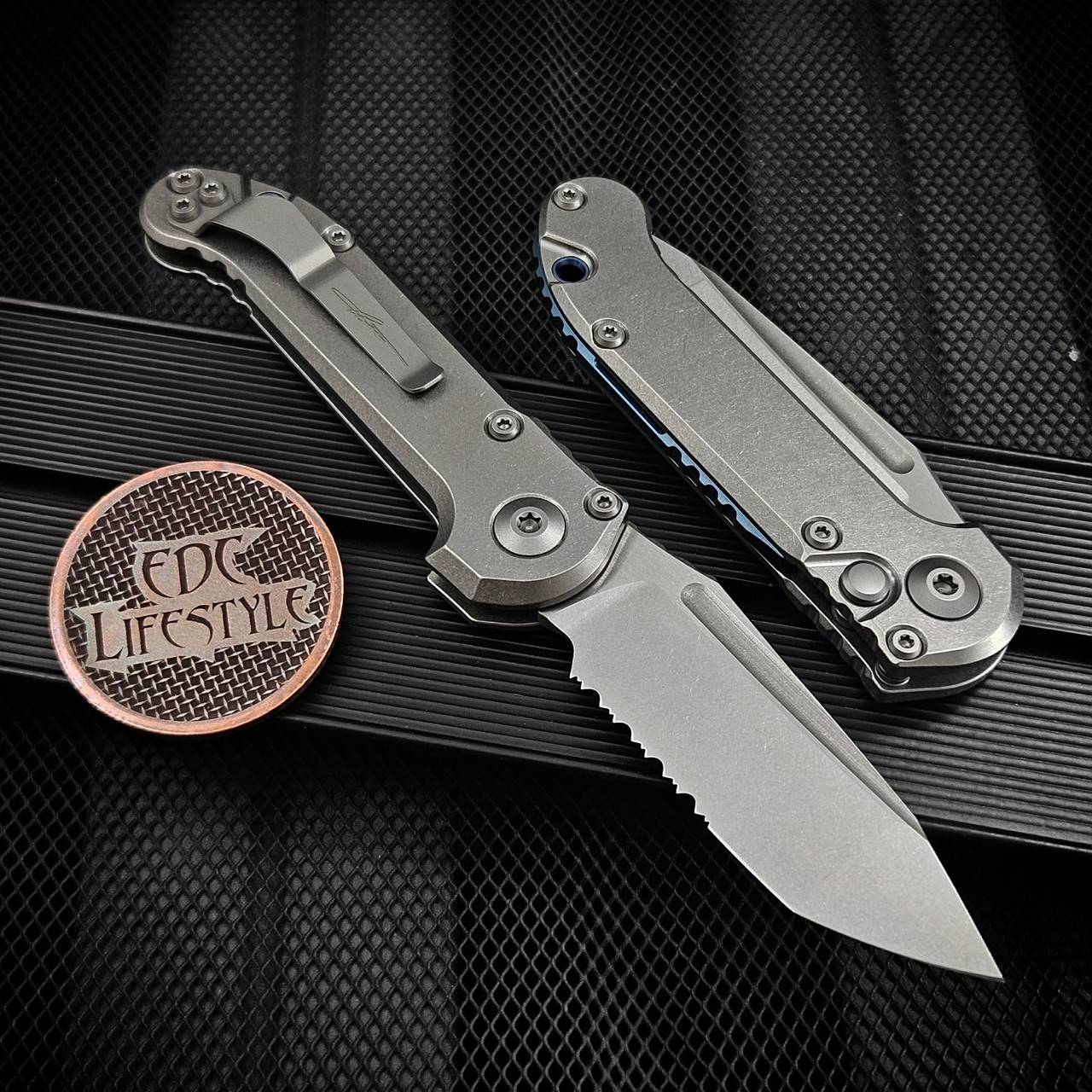 Titanium Microtech Microtech LUDT Titanium Slab Side T/E Partial Serrated Stonewash 1136 ...