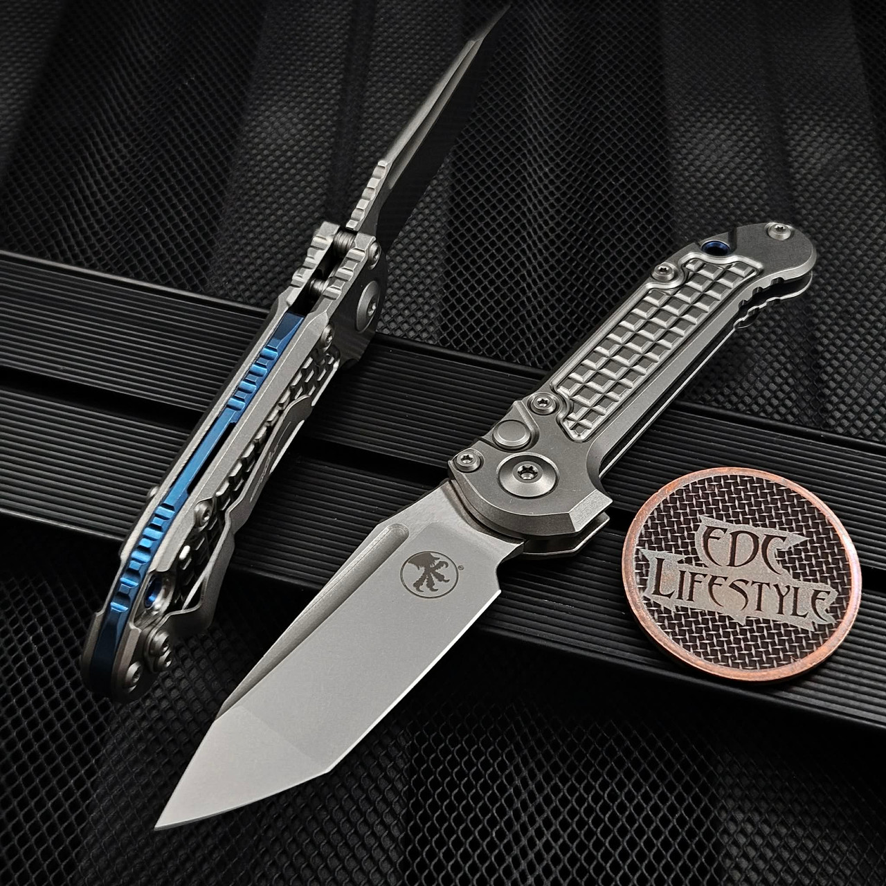 Microtech LUDT Titanium Frag T/E Stonewash 1136-10FRMS2 Blue Ti Accent