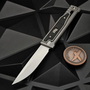 Reate Knives EXO Gravity Knife Black Micarta Titanium Bead Blast Handle, Elmax Stonewash Flats Satin Drop Point 3.75" Blade