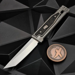 Reate Knives EXO Gravity Knife Black Micarta Titanium Bead Blast Handle, Elmax Stonewash Flats Satin Tanto 3.75" Blade