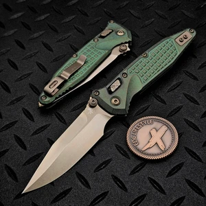 Microtech Socom Ram-Lok Frag Pattern Titanium w/Bronze Accent 4.00" Spear Point Bronzed Antique Green Marfione Select 160RL-13FRSMS1 By Edc Lifestyle