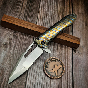 Gavko Custom Folder Flamed Titanium W/ Blue Ti Clip Compound Grind Belt Satin - Preowned GFBB-PO by EDC Lifestyle