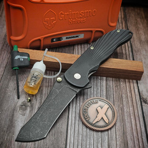 Grimsmo Norseman Starburst 2.0 Blasted Black Anodized Titanium W/ Gold Thumbstud Acid Etched & Tumbled S/N 8244 - Preowned by EDC Lifestyle
