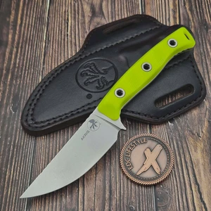 Microtech Akris Fixed Blade High Visibility G-10 3.7" Stonewash M390MK W/ Dark Chocolate Leather Sheath 95-10HV-1