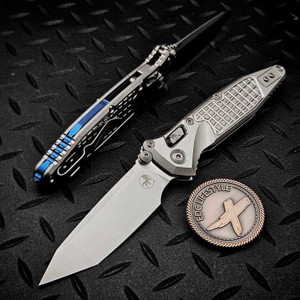 MICROTECH SOCOM RAM-LOK T/E STONEWASH FRAG PATTERN TITANIUM W/BLUE TI ACCENT MARFIONE SELECT 161RL-10FRMS3