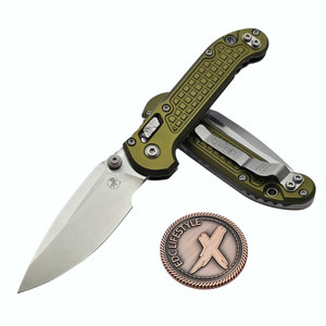Microtech LUDT Ram-Lok Manual OD Green Frag Aluminum 3.4" Clip Point Stonewash M390MK 1135RL-10FROD