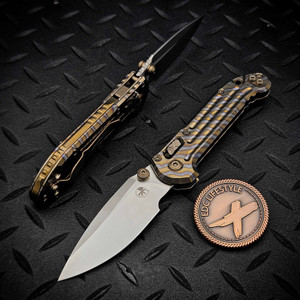 Microtech LUDT Ram-Lok Manual Flamed Grooved Titanium 3.4" Clip Point Stonewash M390MK Bronze Ti Accent Marfione Select 1135RLG-10MS3