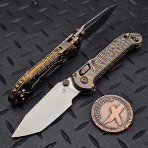 Microtech LUDT Ram-Lok Manual Flamed Frag Titanium 3.4" T/E Stonewash M390MK Bronze Ti Accent Marfione Select 1136RL-10FRMS3