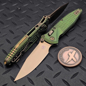 MICROTECH SOCOM RAM-LOK BRONZED STONEWASH CLIP POINT ANTIQUE GREEN FRAG TITANIUM W/BRONZE TI ACCENT MARFIONE SEELCT 160RL-13FRMS1