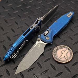 MICROTECH SOCOM RAM-LOK T/E ANTIQUE BLUE SLAB SIDE TITANIUM W/BLUE TI ACCENT MARFIONE SELECT 161RLS-10APMS1